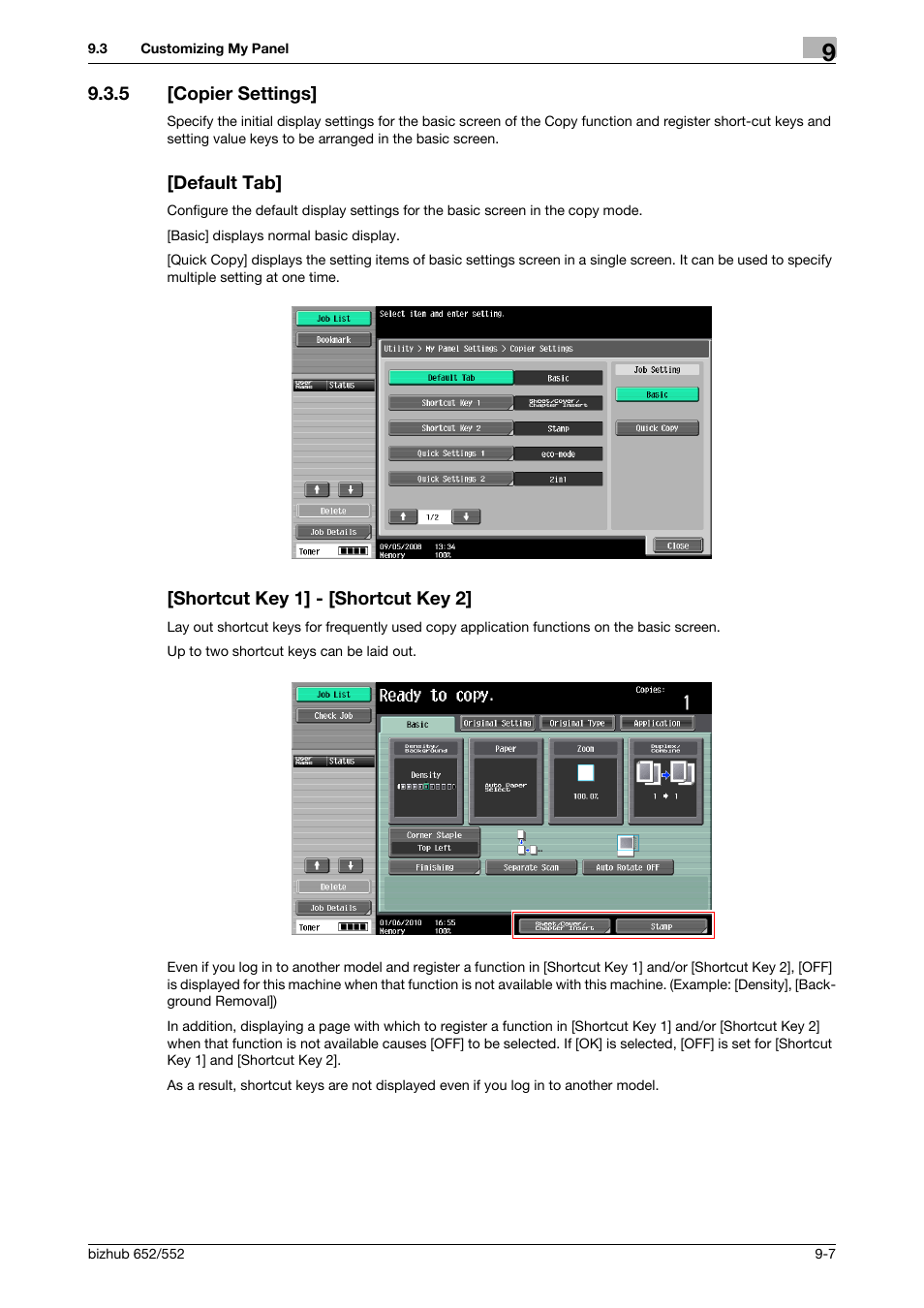 5 [copier settings, Default tab, Shortcut key 1] - [shortcut key 2 | Copier settings] -7 | Konica Minolta bizhub 652 User Manual | Page 93 / 112