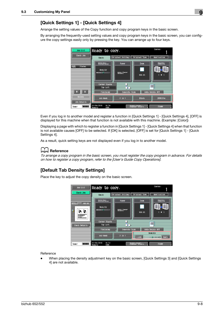 Quick settings 1] - [quick settings 4, Default tab density settings | Konica Minolta bizhub 652 User Manual | Page 94 / 112