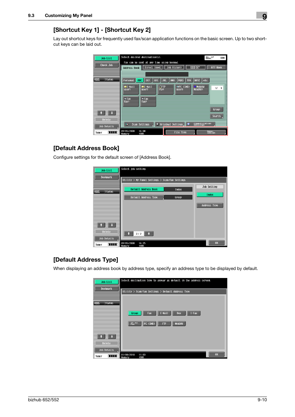 Shortcut key 1] - [shortcut key 2, Default address book, Default address type | Konica Minolta bizhub 652 User Manual | Page 96 / 112