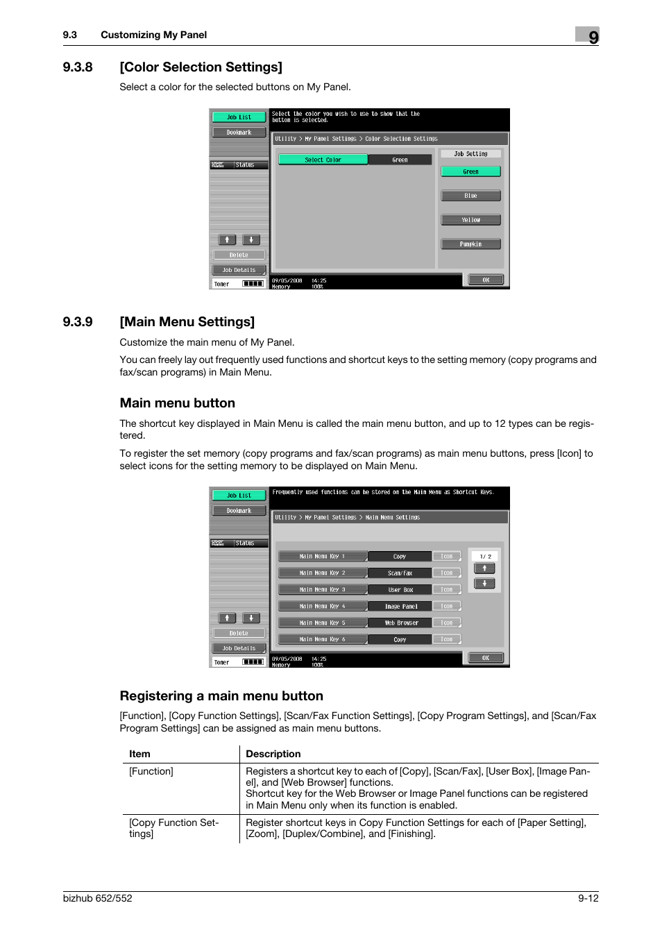 8 [color selection settings, 9 [main menu settings, Main menu button | Registering a main menu button, Color selection settings] -12 | Konica Minolta bizhub 652 User Manual | Page 98 / 112