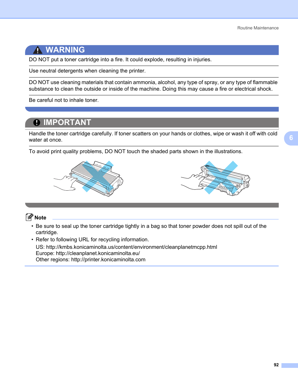 Warning, Important, Use neutral detergents when cleaning the printer | Be careful not to inhale toner | Konica Minolta bizhub 20P User Manual | Page 102 / 161