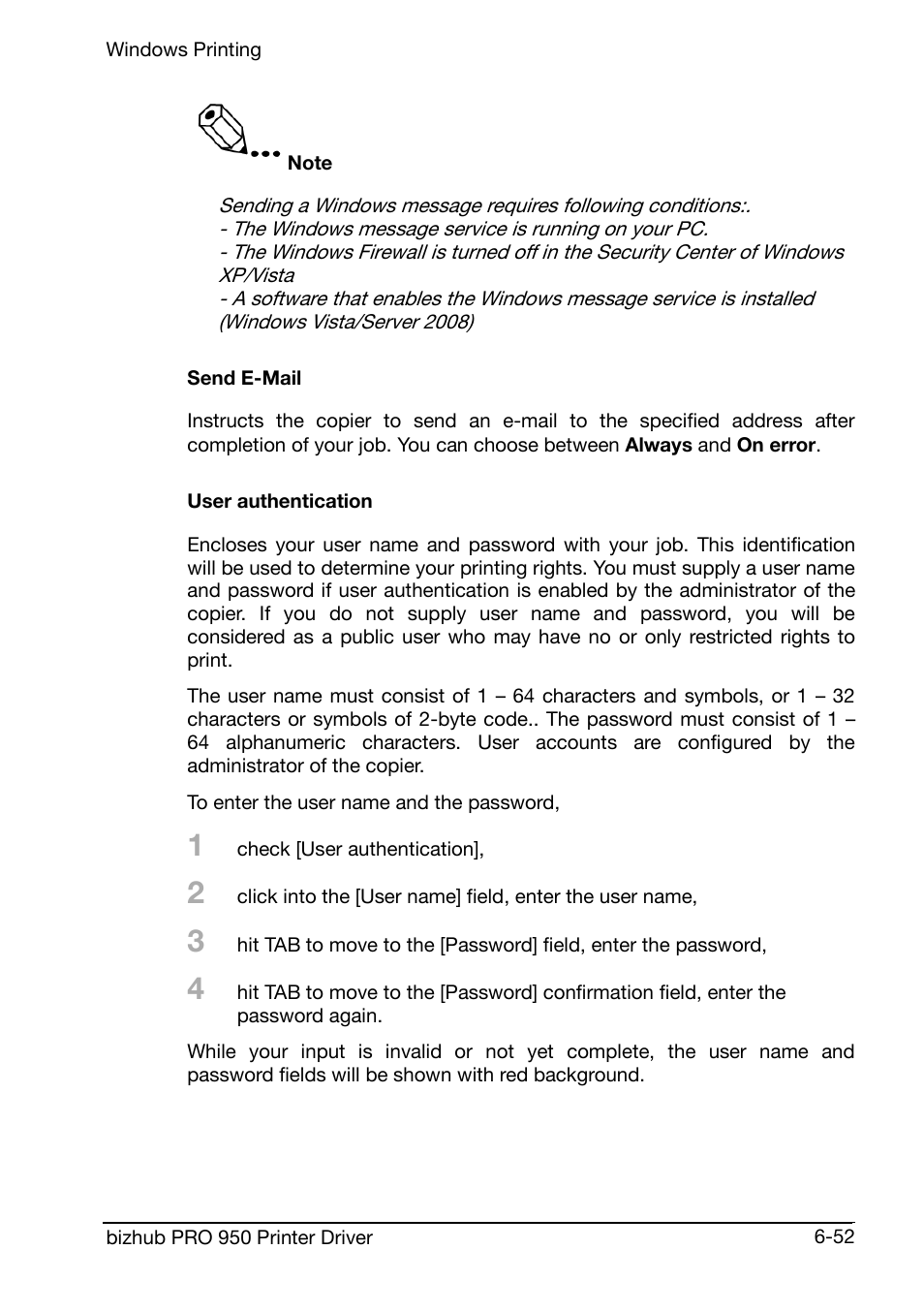 Send e-mail, User authentication | Konica Minolta bizhub PRO 950 User Manual | Page 116 / 160
