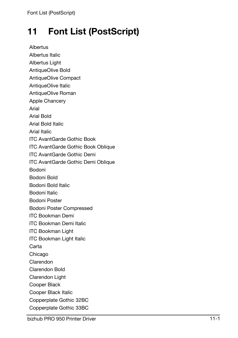 Font list (postscript), 11 font list (postscript) | Konica Minolta bizhub PRO 950 User Manual | Page 152 / 160