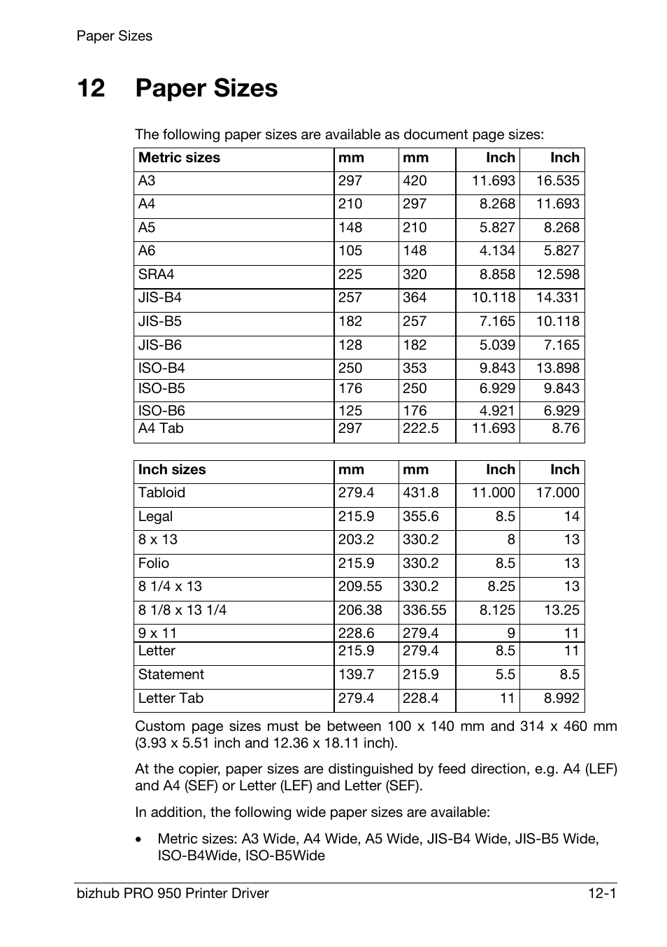 Paper sizes, 12 paper sizes | Konica Minolta bizhub PRO 950 User Manual | Page 156 / 160