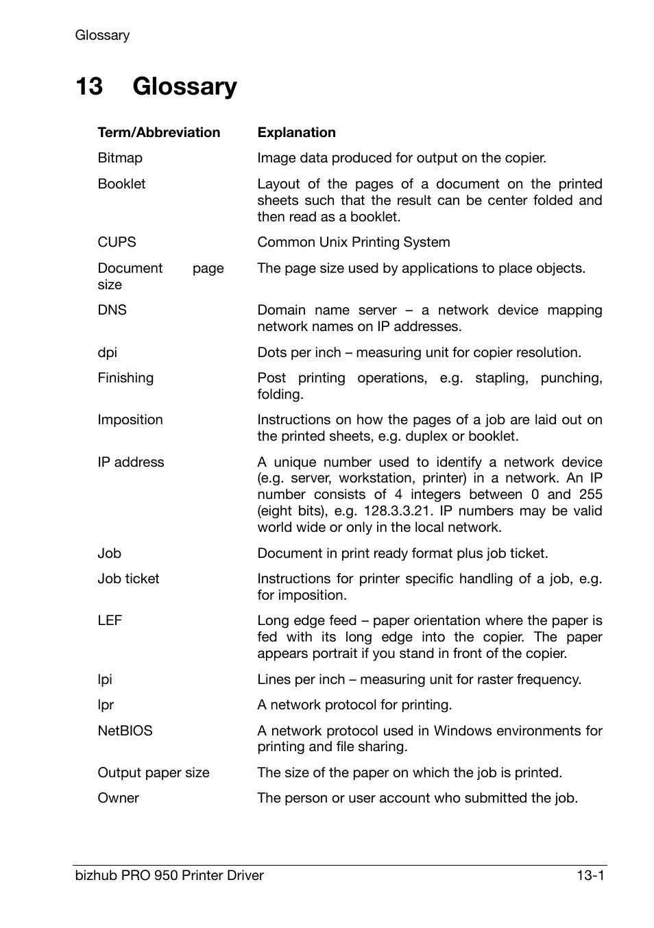 Glossary, 13 glossary | Konica Minolta bizhub PRO 950 User Manual | Page 158 / 160