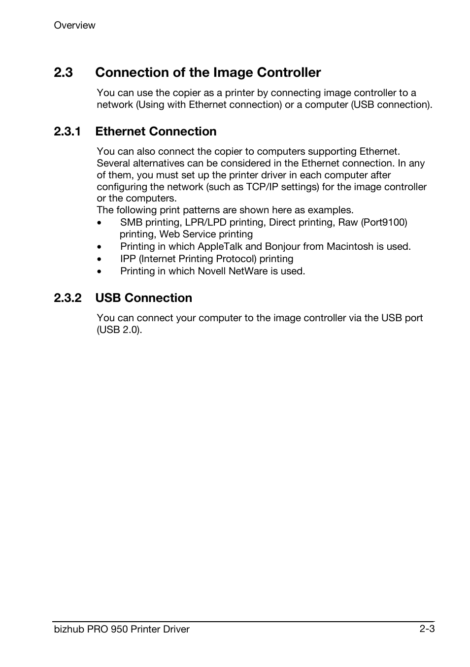 3 connection of the image controller, 1 ethernet connection, 2 usb connection | Konica Minolta bizhub PRO 950 User Manual | Page 17 / 160