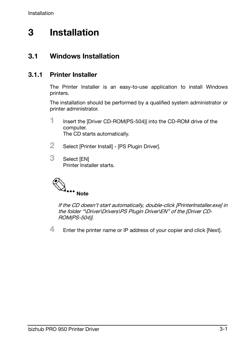 Installation, 1 windows installation, 1 printer installer | 3installation | Konica Minolta bizhub PRO 950 User Manual | Page 21 / 160