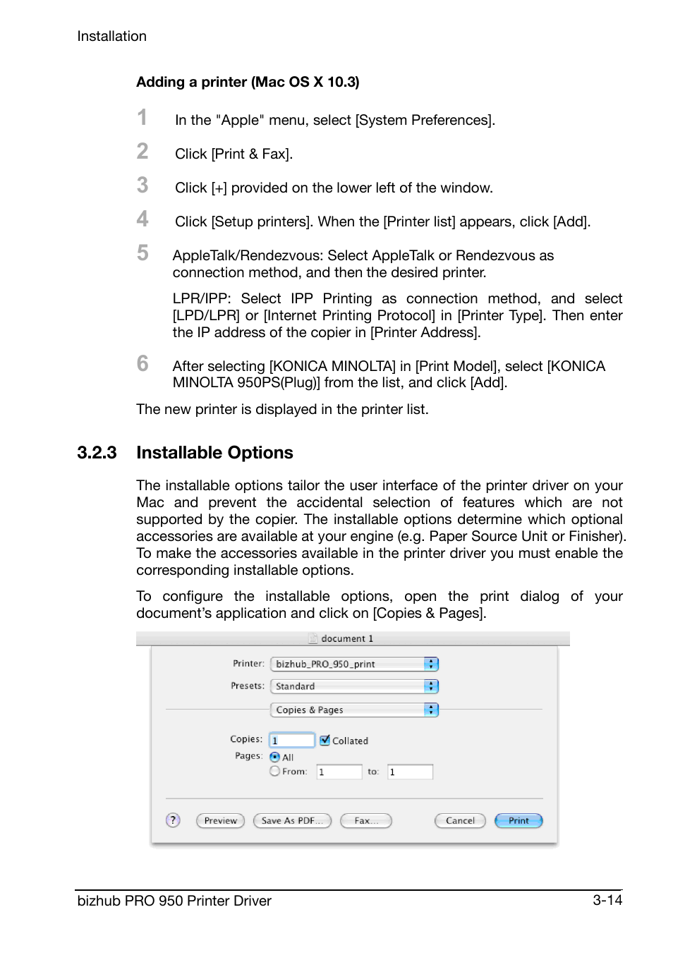 Adding a printer (mac os x 10.3), 3 installable options | Konica Minolta bizhub PRO 950 User Manual | Page 34 / 160