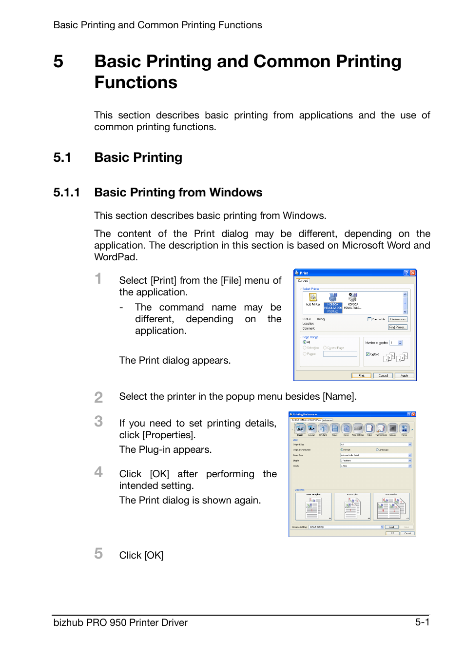 Basic printing and common printing functions, 1basic printing, 1 basic printing from windows | 5basic printing and common printing functions | Konica Minolta bizhub PRO 950 User Manual | Page 44 / 160