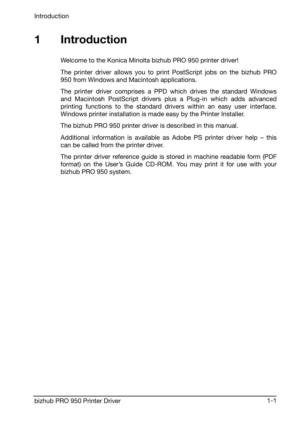 Introduction, 1introduction | Konica Minolta bizhub PRO 950 User Manual | Page 5 / 160