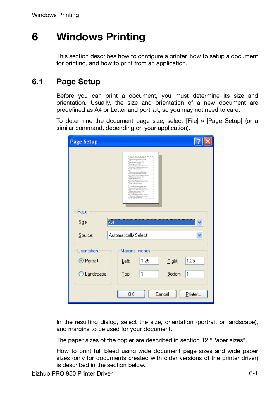 Windows printing, 6windows printing, 1 page setup | Konica Minolta bizhub PRO 950 User Manual | Page 65 / 160