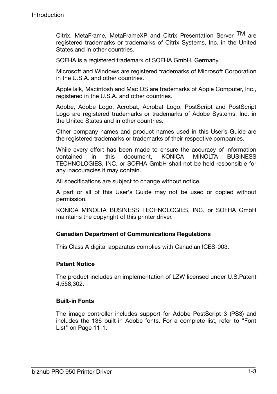 Canadian department of communications regulations, Patent notice, Built-in fonts | Konica Minolta bizhub PRO 950 User Manual | Page 7 / 160