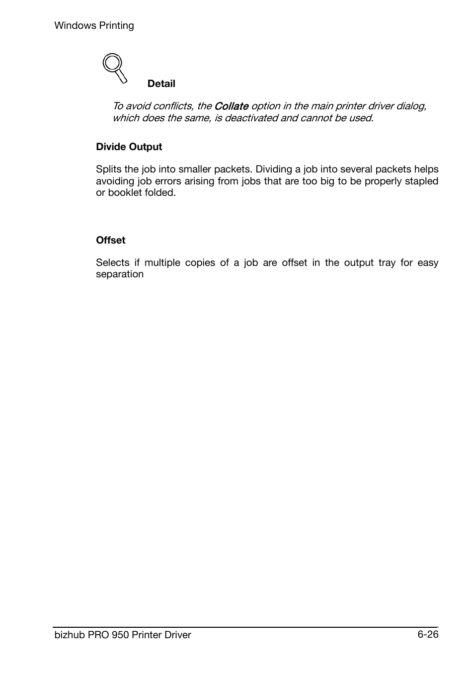 Divide output, Offset | Konica Minolta bizhub PRO 950 User Manual | Page 90 / 160