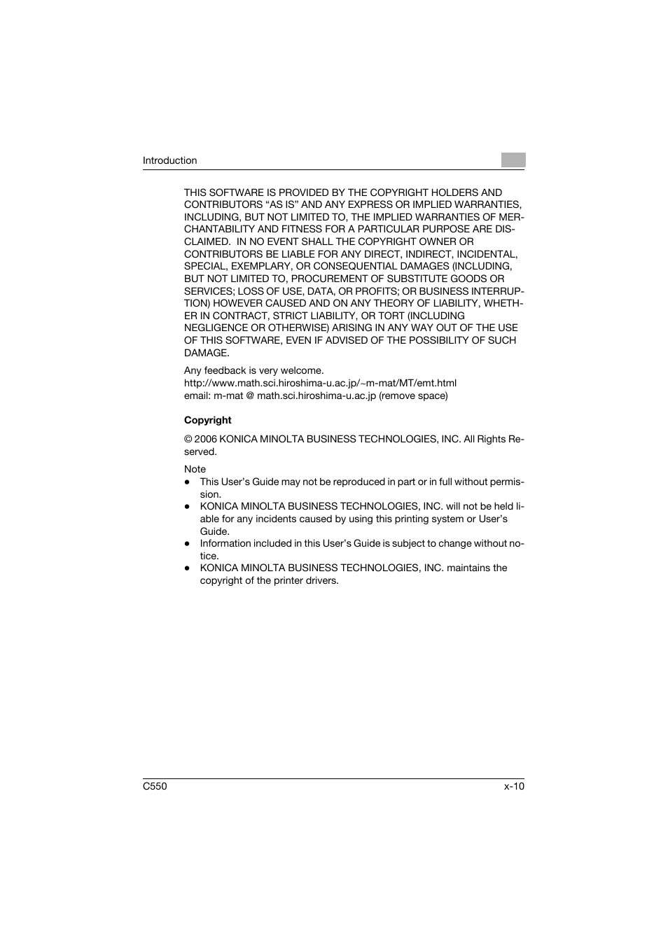 Copyright | Konica Minolta bizhub C550 User Manual | Page 11 / 427