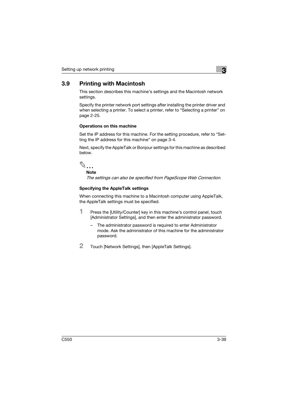 9 printing with macintosh, Operations on this machine, Specifying the appletalk settings | Printing with macintosh -39 | Konica Minolta bizhub C550 User Manual | Page 113 / 427