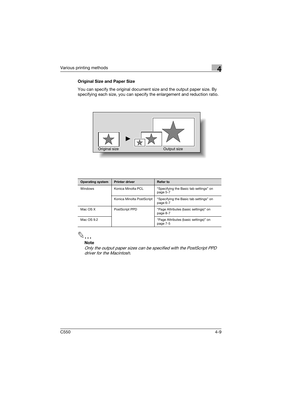 Original size and paper size, Original size and paper size -9 | Konica Minolta bizhub C550 User Manual | Page 125 / 427
