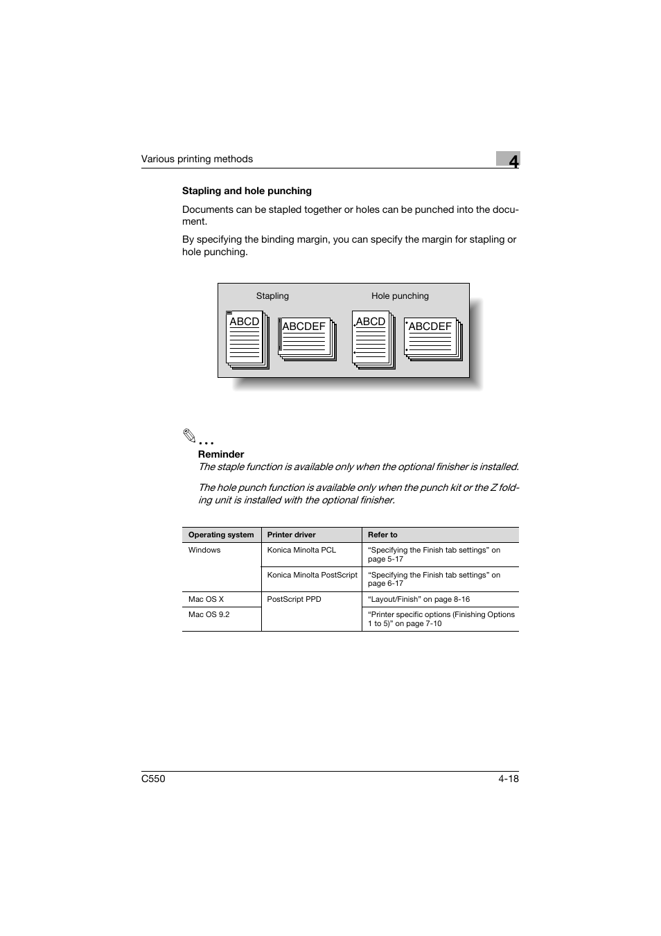 Stapling and hole punching, Stapling and hole punching -18 | Konica Minolta bizhub C550 User Manual | Page 134 / 427