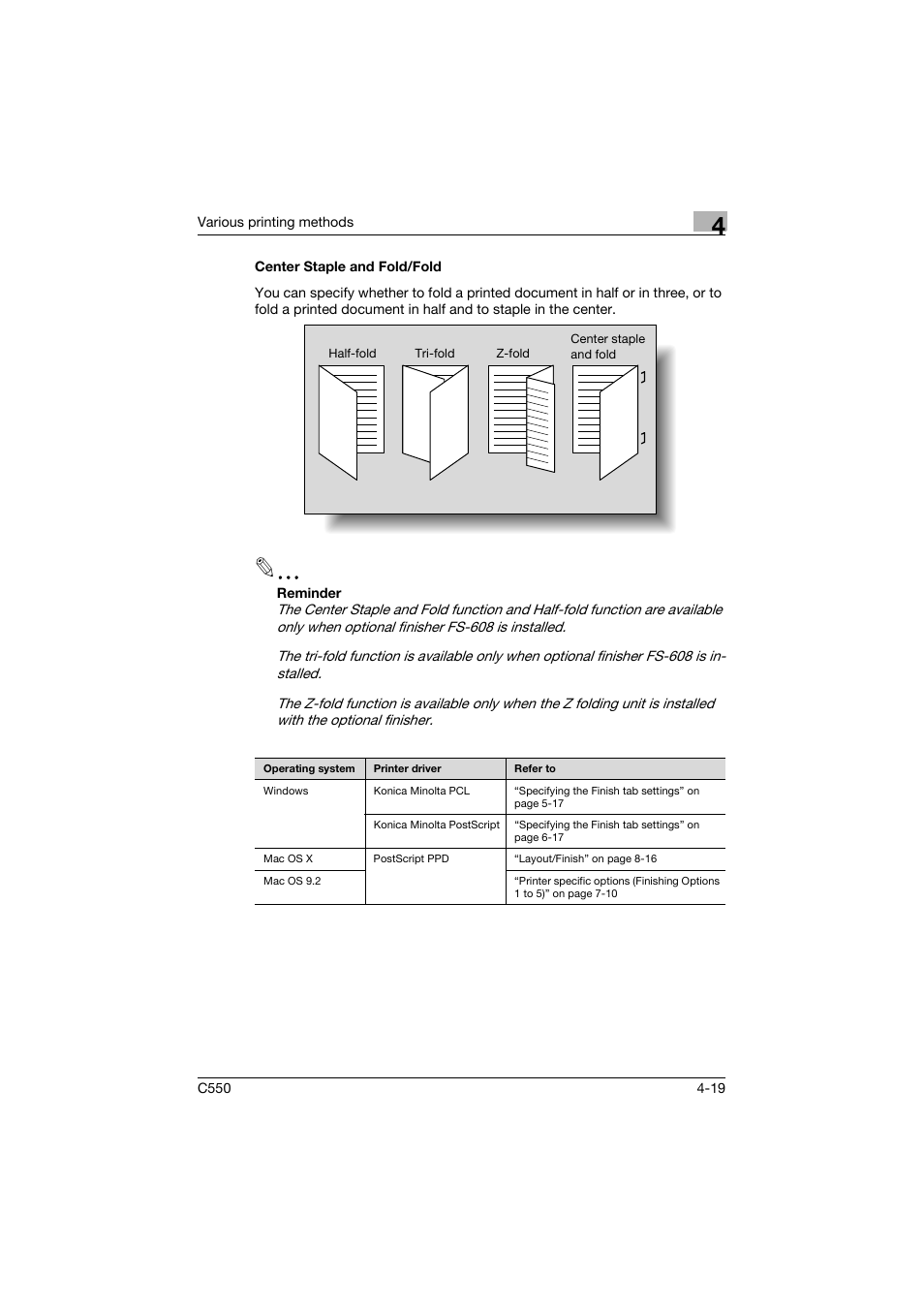 Center staple and fold/fold, Center staple and fold/fold -19 | Konica Minolta bizhub C550 User Manual | Page 135 / 427