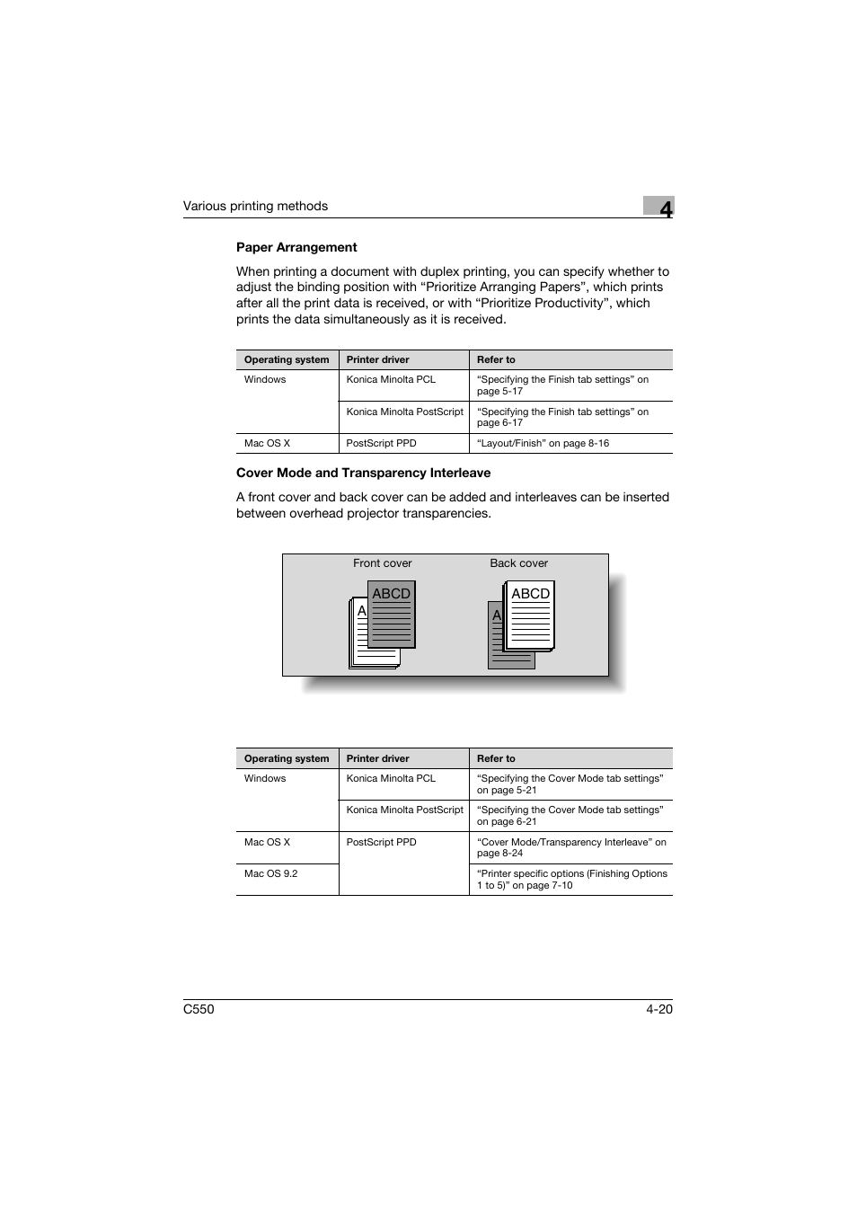 Paper arrangement, Cover mode and transparency interleave | Konica Minolta bizhub C550 User Manual | Page 136 / 427