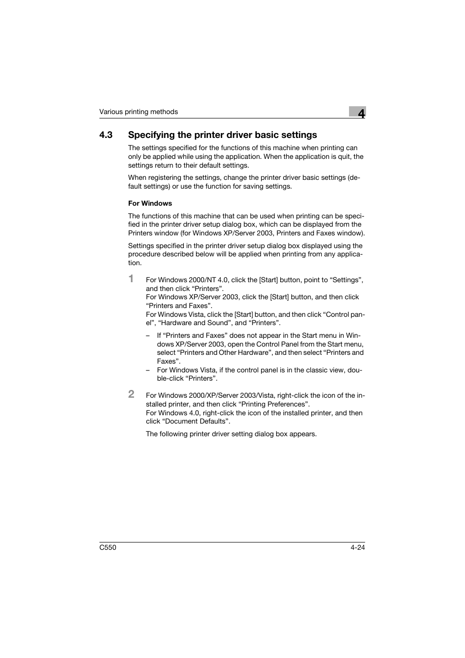 3 specifying the printer driver basic settings, For windows, Specifying the printer driver basic settings -24 | For windows -24 | Konica Minolta bizhub C550 User Manual | Page 140 / 427