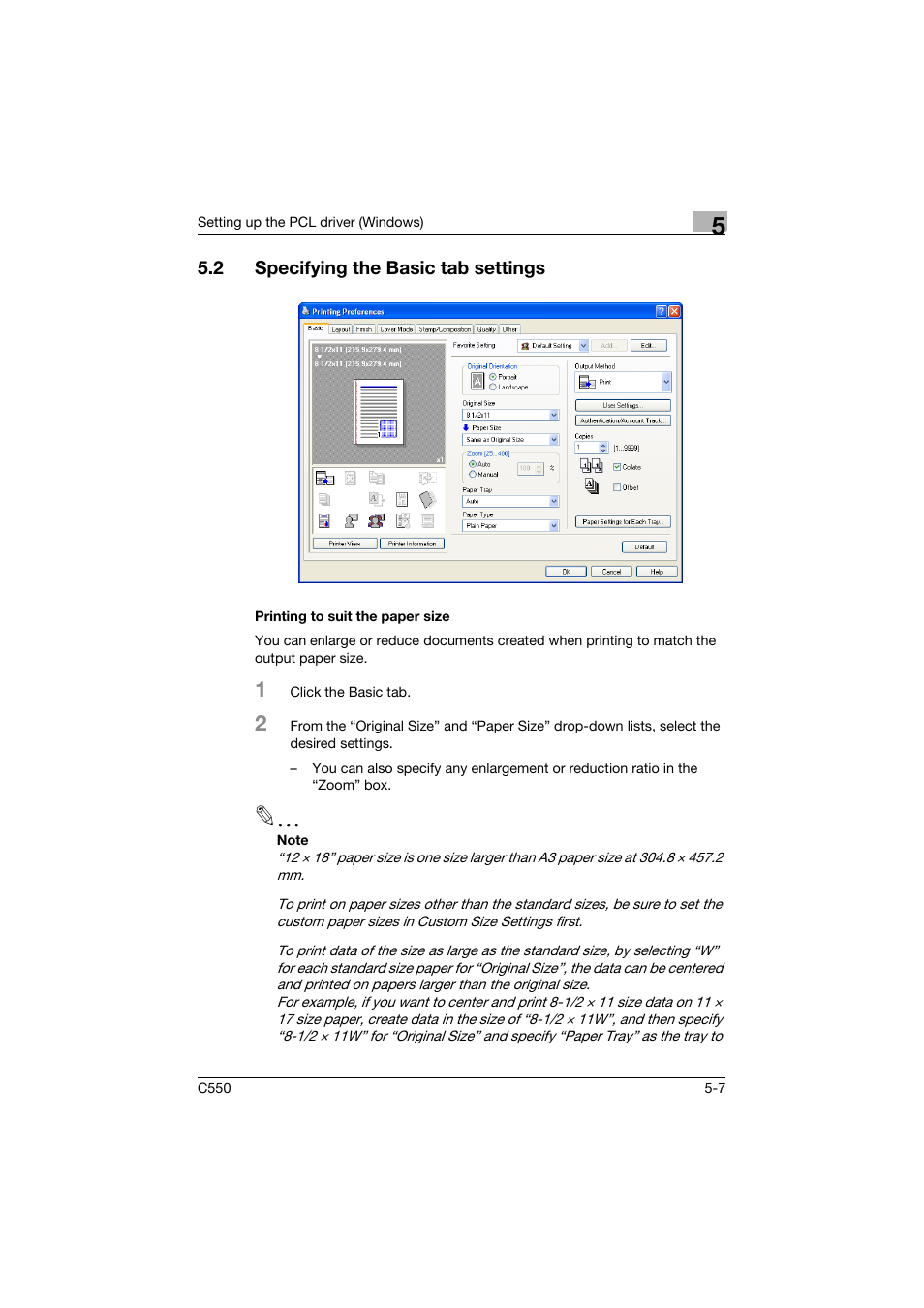 2 specifying the basic tab settings, Printing to suit the paper size, Specifying the basic tab settings -7 | Printing to suit the paper size -7 | Konica Minolta bizhub C550 User Manual | Page 151 / 427