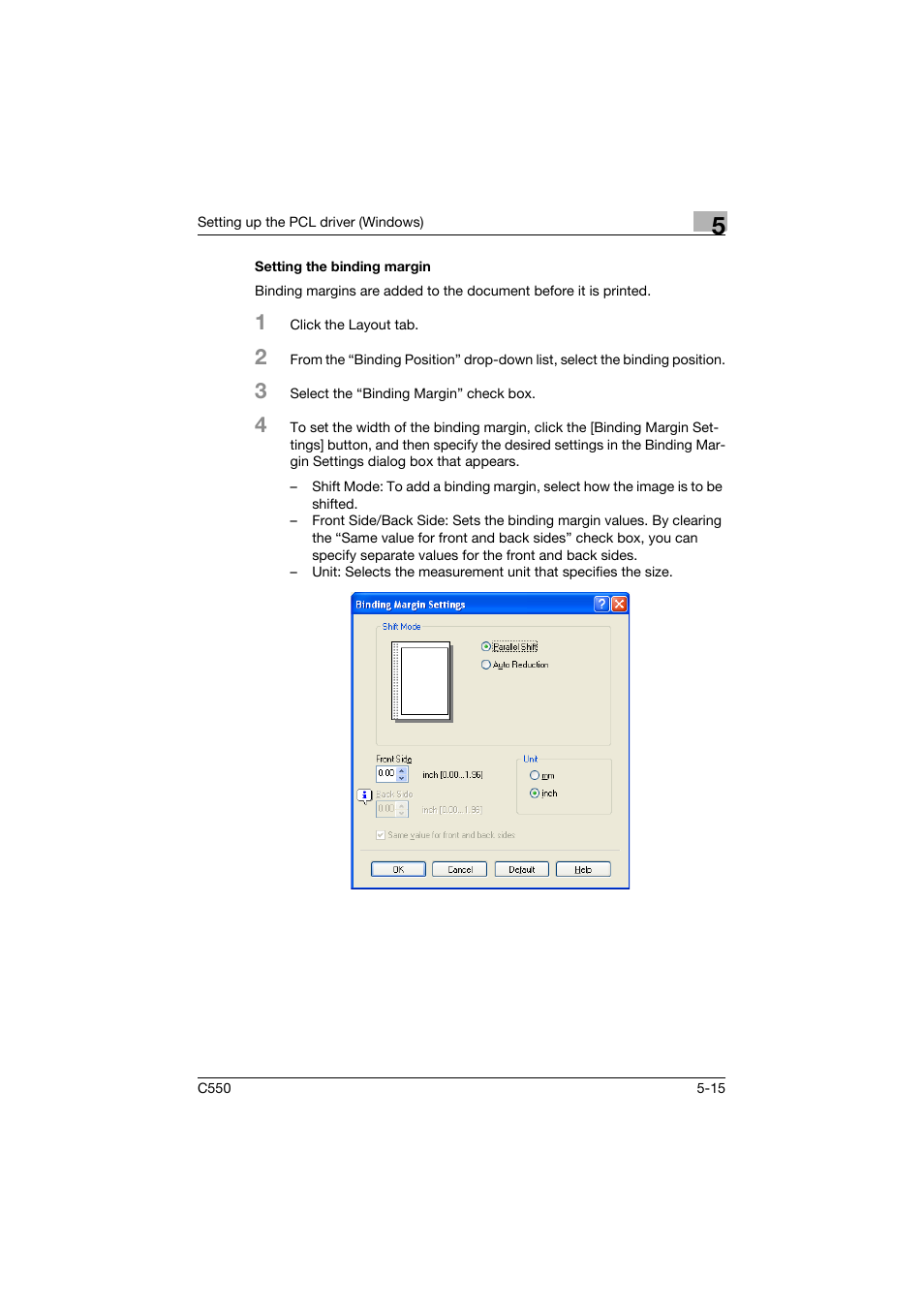 Setting the binding margin, Setting the binding margin -15 | Konica Minolta bizhub C550 User Manual | Page 159 / 427