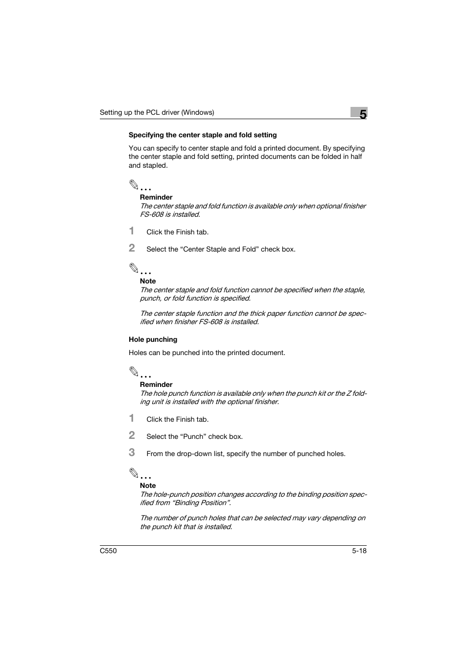 Specifying the center staple and fold setting, Hole punching | Konica Minolta bizhub C550 User Manual | Page 162 / 427