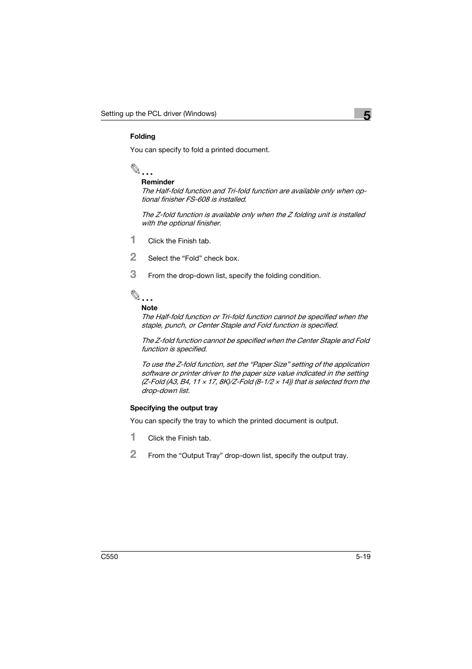 Folding, Specifying the output tray, Folding -19 specifying the output tray -19 | Konica Minolta bizhub C550 User Manual | Page 163 / 427
