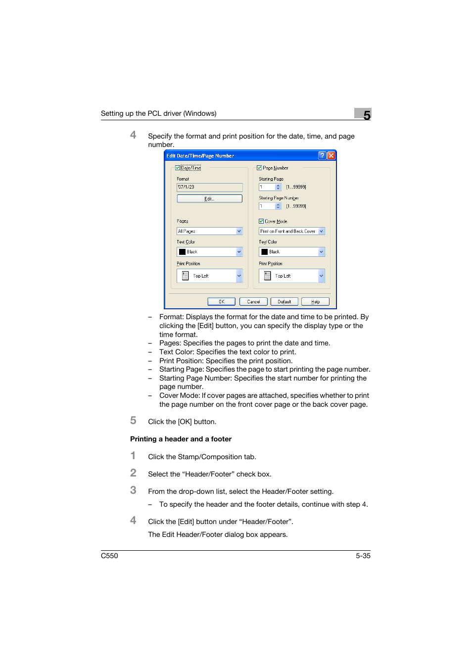 Printing a header and a footer, Printing a header and a footer -35 | Konica Minolta bizhub C550 User Manual | Page 179 / 427