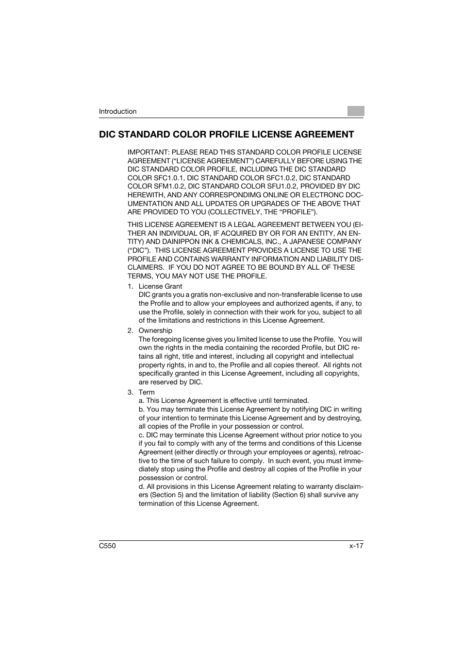 Dic standard color profile license agreement | Konica Minolta bizhub C550 User Manual | Page 18 / 427