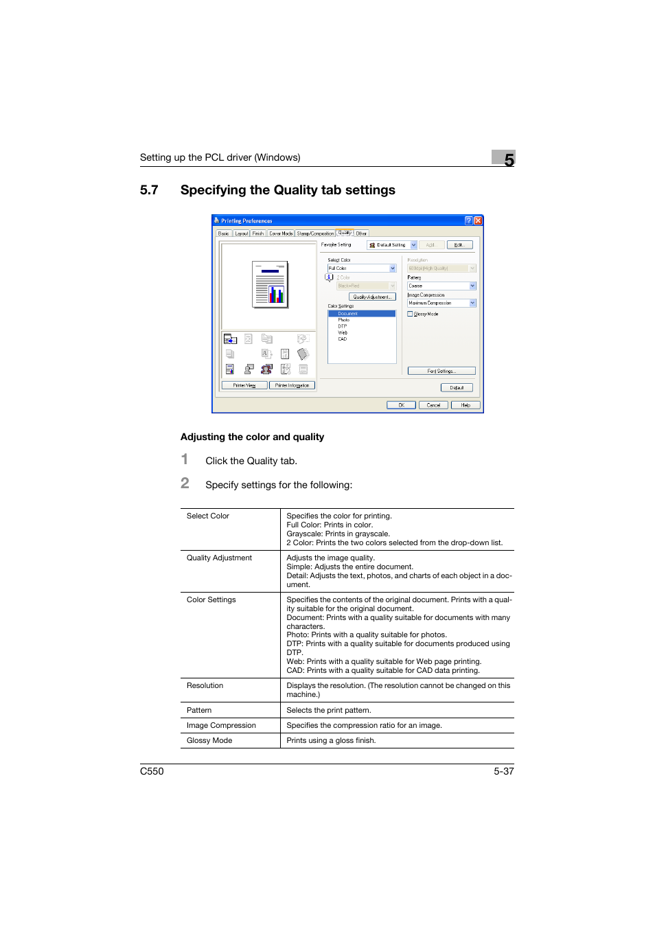 7 specifying the quality tab settings, Adjusting the color and quality, Specifying the quality tab settings -37 | Adjusting the color and quality -37 | Konica Minolta bizhub C550 User Manual | Page 181 / 427