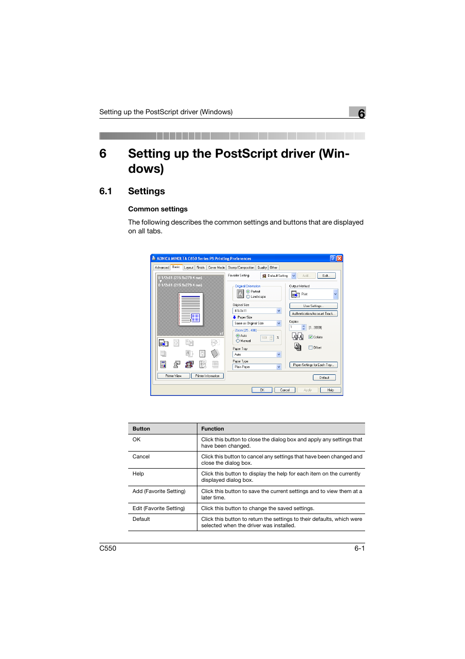 6 setting up the postscript driver (windows), 1 settings, Common settings | Setting up the postscript driver (windows), Settings -1, Common settings -1, 6setting up the postscript driver (win- dows) | Konica Minolta bizhub C550 User Manual | Page 196 / 427