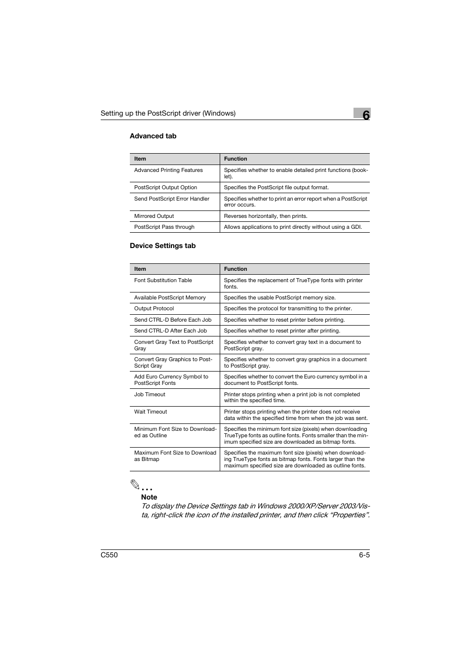 Advanced tab, Device settings tab, Advanced tab -5 device settings tab -5 | Konica Minolta bizhub C550 User Manual | Page 200 / 427