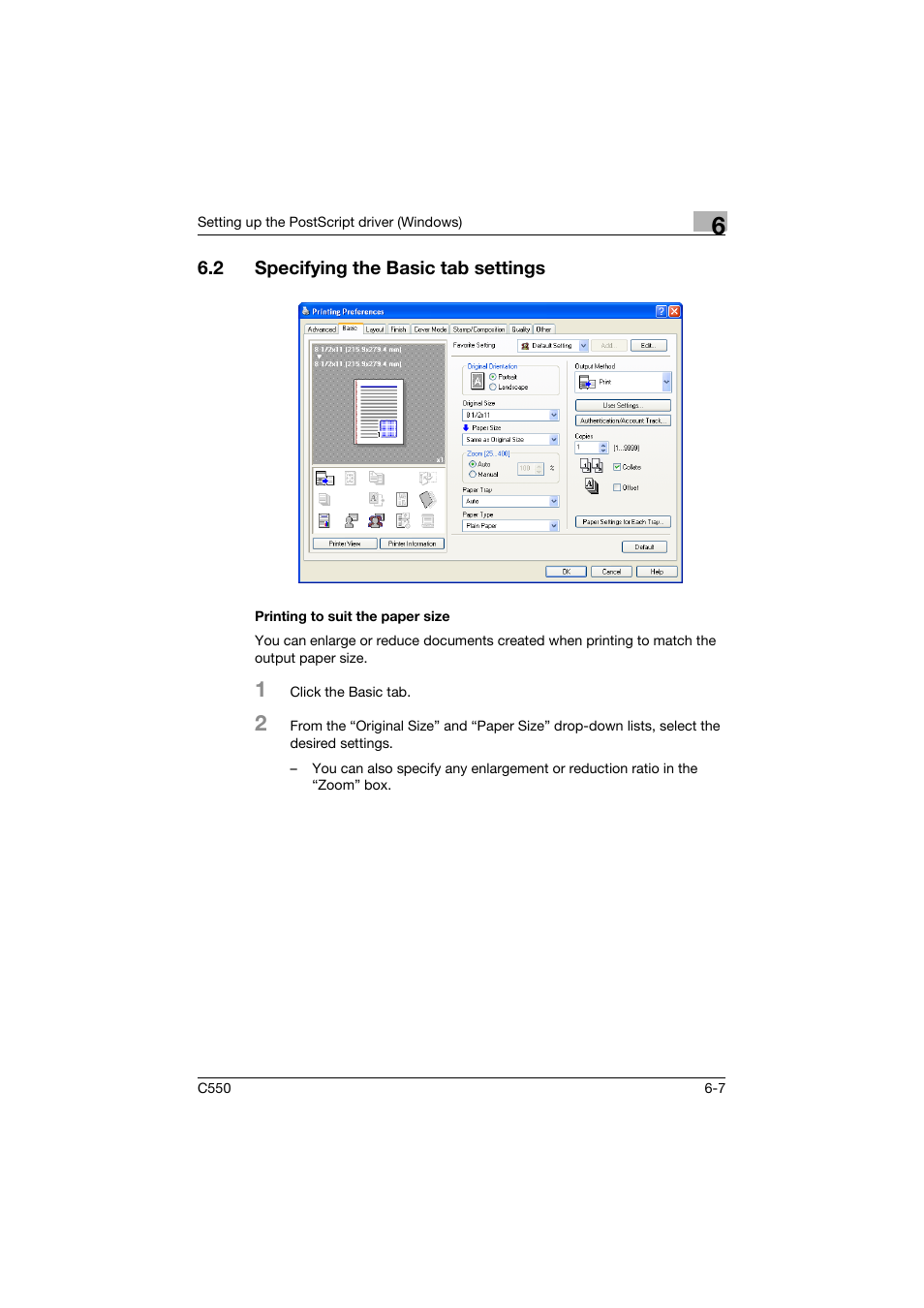 2 specifying the basic tab settings, Printing to suit the paper size, Specifying the basic tab settings -7 | Printing to suit the paper size -7 | Konica Minolta bizhub C550 User Manual | Page 202 / 427