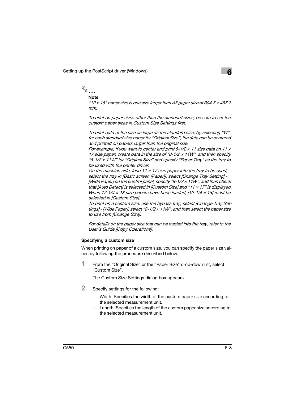 Specifying a custom size, Specifying a custom size -8 | Konica Minolta bizhub C550 User Manual | Page 203 / 427