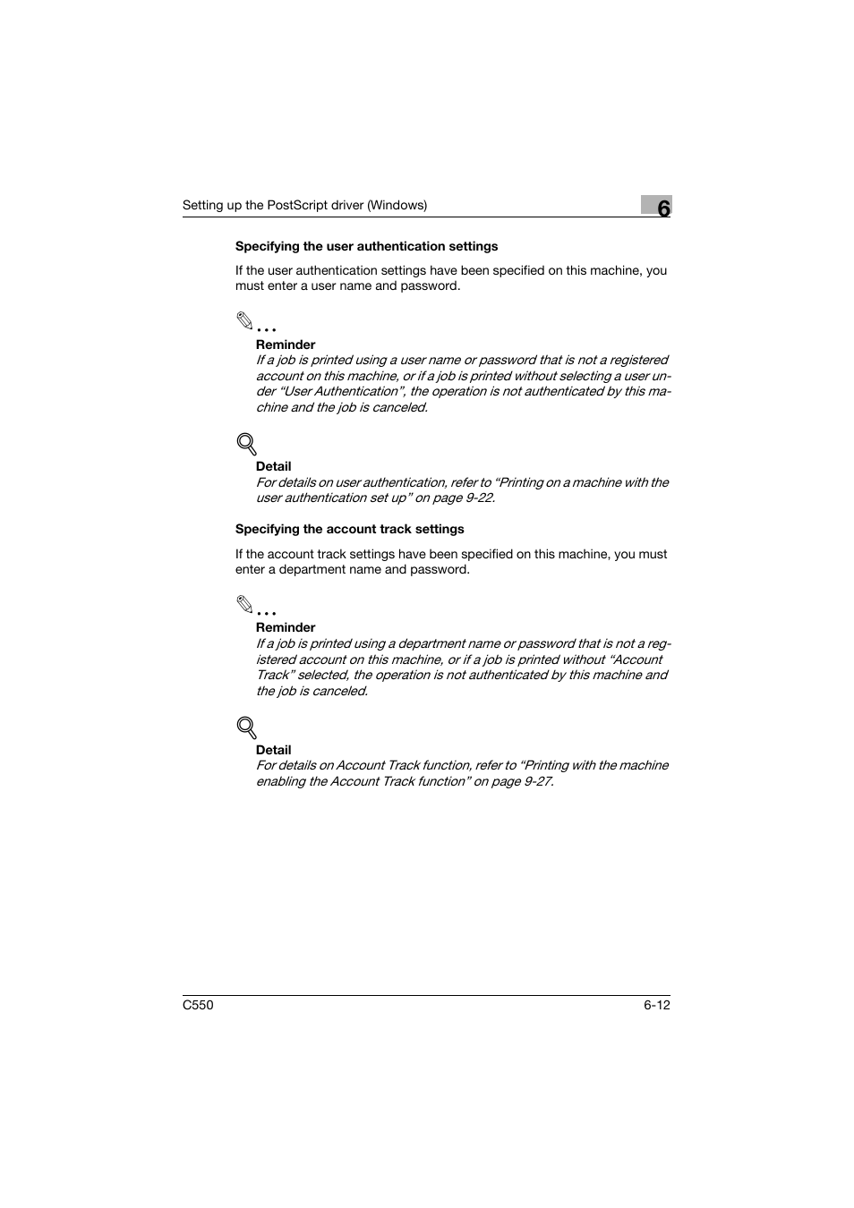 Specifying the user authentication settings, Specifying the account track settings | Konica Minolta bizhub C550 User Manual | Page 207 / 427
