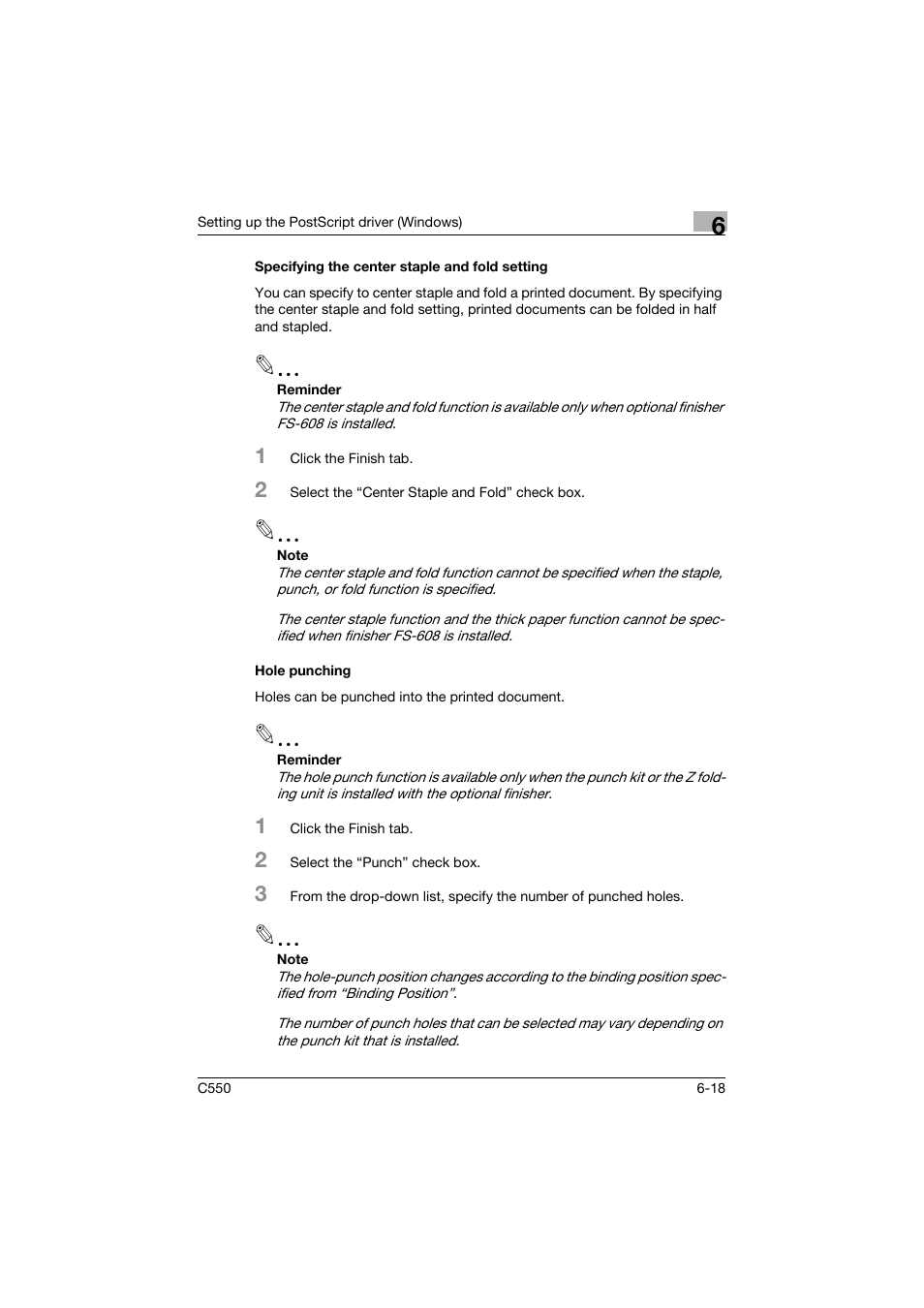Specifying the center staple and fold setting, Hole punching | Konica Minolta bizhub C550 User Manual | Page 213 / 427