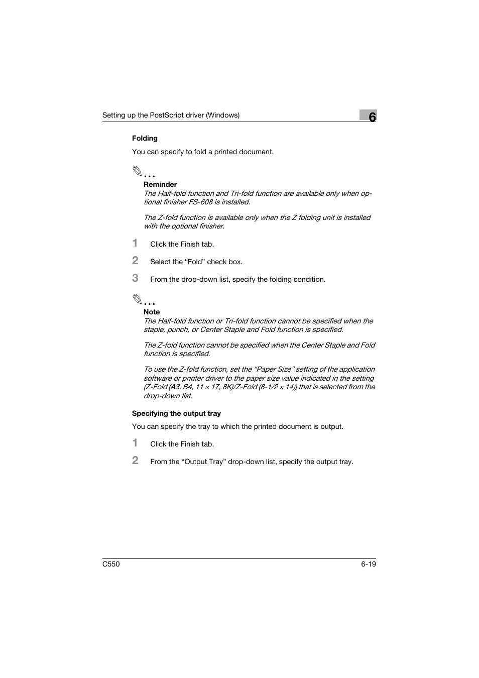 Folding, Specifying the output tray, Folding -19 specifying the output tray -19 | Konica Minolta bizhub C550 User Manual | Page 214 / 427