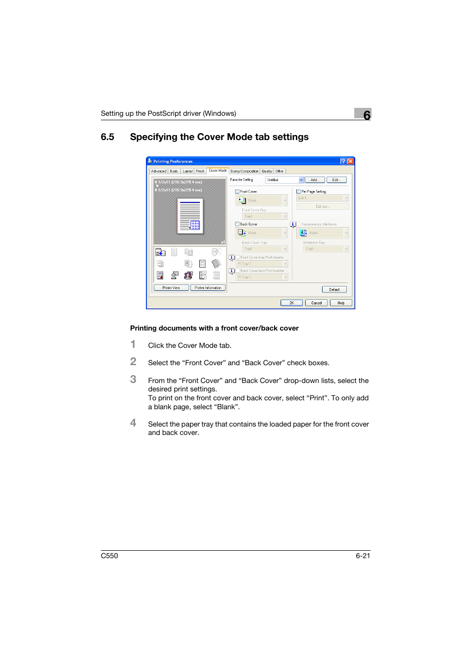5 specifying the cover mode tab settings, Printing documents with a front cover/back cover, Specifying the cover mode tab settings -21 | Konica Minolta bizhub C550 User Manual | Page 216 / 427