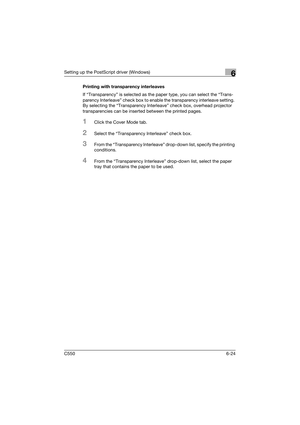 Printing with transparency interleaves, Printing with transparency interleaves -24 | Konica Minolta bizhub C550 User Manual | Page 219 / 427