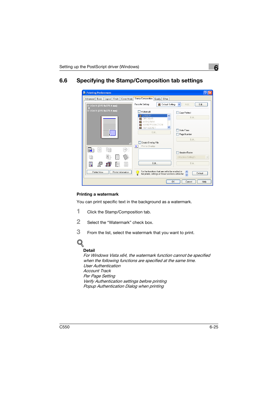 6 specifying the stamp/composition tab settings, Printing a watermark, Specifying the stamp/composition tab settings -25 | Printing a watermark -25 | Konica Minolta bizhub C550 User Manual | Page 220 / 427