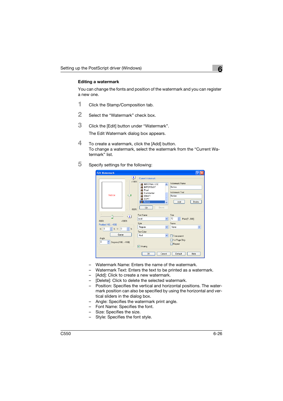 Editing a watermark, Editing a watermark -26 | Konica Minolta bizhub C550 User Manual | Page 221 / 427