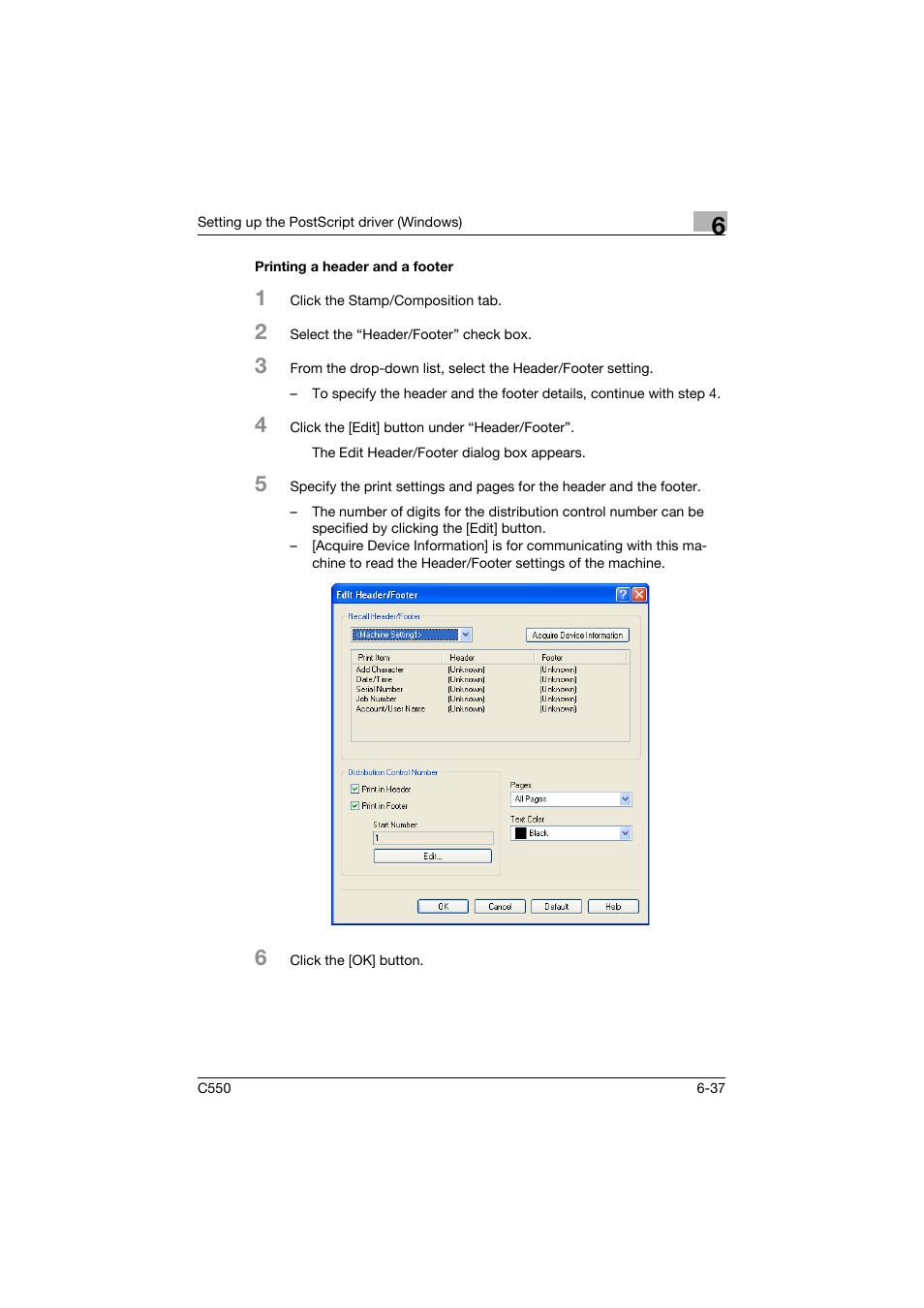 Printing a header and a footer, Printing a header and a footer -37 | Konica Minolta bizhub C550 User Manual | Page 232 / 427