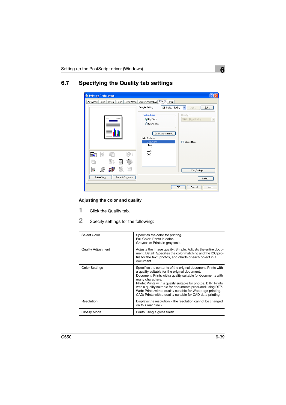 7 specifying the quality tab settings, Adjusting the color and quality, Specifying the quality tab settings -39 | Adjusting the color and quality -39 | Konica Minolta bizhub C550 User Manual | Page 234 / 427