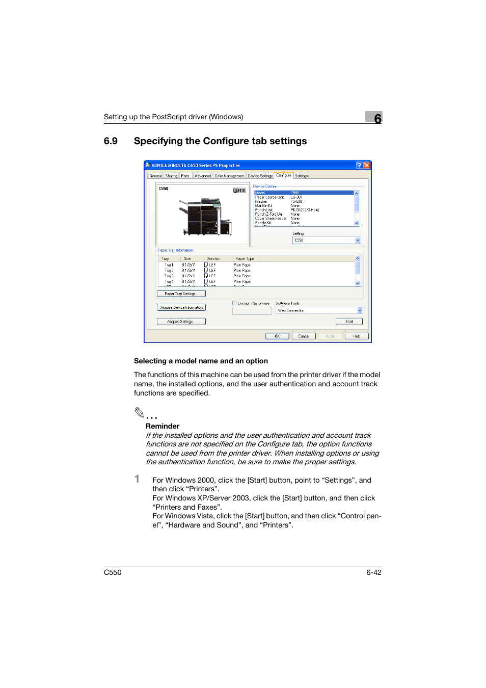 9 specifying the configure tab settings, Selecting a model name and an option, Specifying the configure tab settings -42 | Selecting a model name and an option -42 | Konica Minolta bizhub C550 User Manual | Page 237 / 427