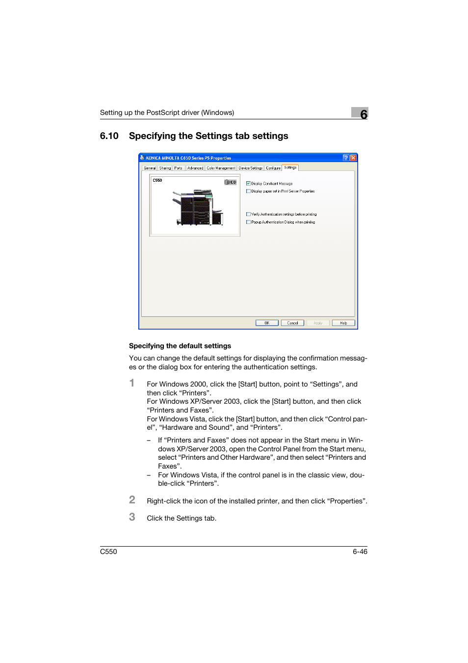 10 specifying the settings tab settings, Specifying the default settings, Specifying the settings tab settings -46 | Specifying the default settings -46 | Konica Minolta bizhub C550 User Manual | Page 241 / 427