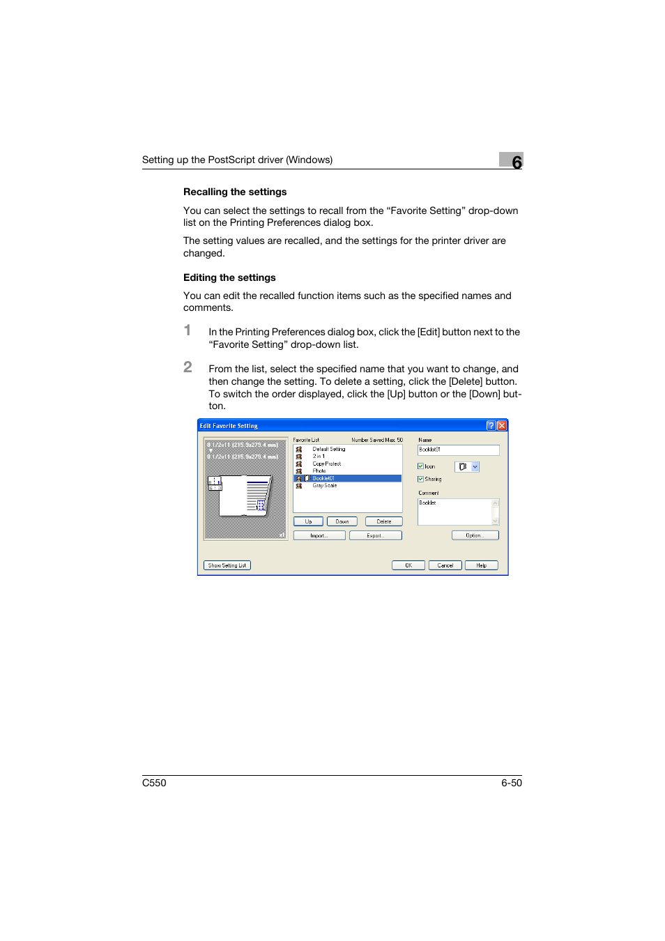 Recalling the settings, Editing the settings | Konica Minolta bizhub C550 User Manual | Page 245 / 427