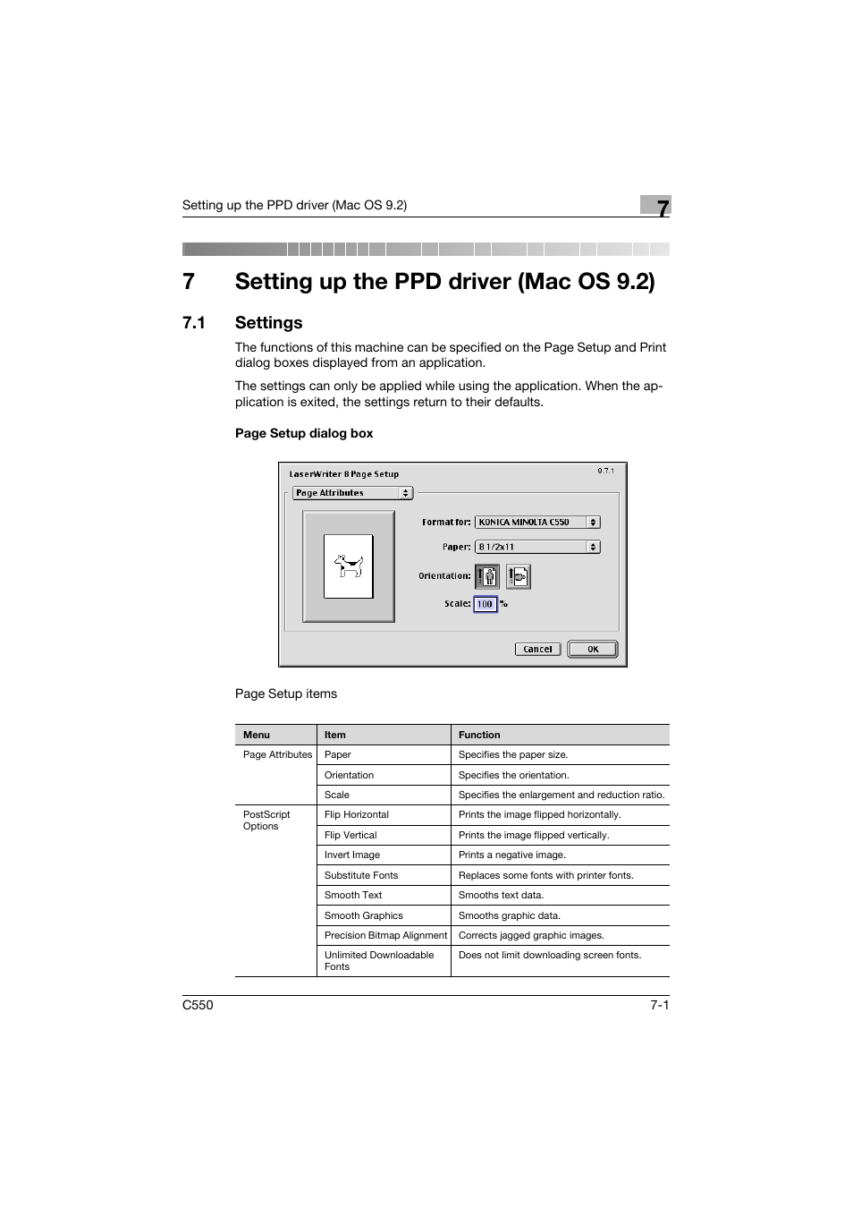 7 setting up the ppd driver (mac os 9.2), 1 settings, Setting up the ppd driver (mac os 9.2) | Settings -1, 7setting up the ppd driver (mac os 9.2) | Konica Minolta bizhub C550 User Manual | Page 249 / 427