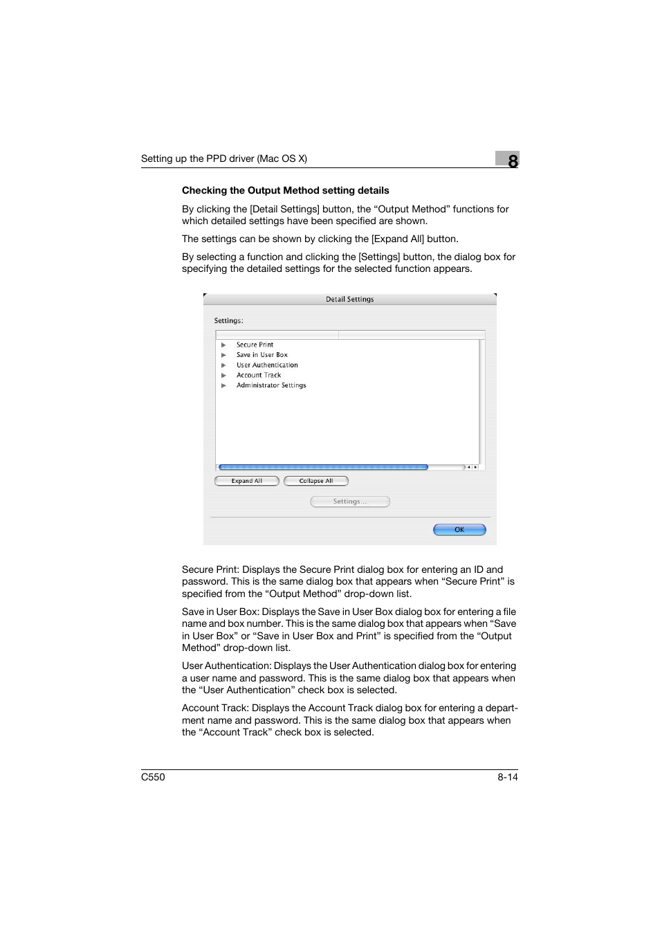 Checking the output method setting details, Checking the output method setting details -14 | Konica Minolta bizhub C550 User Manual | Page 274 / 427