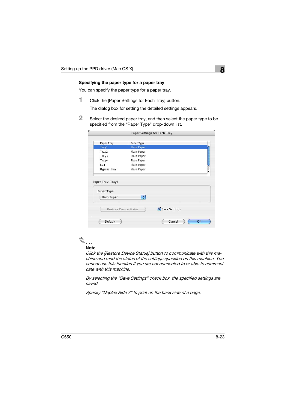 Specifying the paper type for a paper tray, Specifying the paper type for a paper tray -23 | Konica Minolta bizhub C550 User Manual | Page 283 / 427